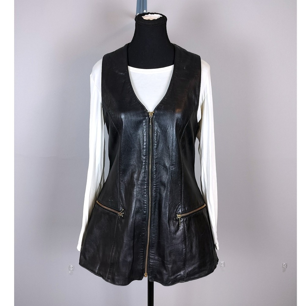 Vintage Boho Real Leather Zip Dress Black Stampede Biker Chic Francois George